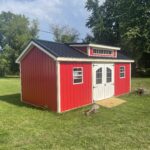 Red and white shed available at TLG Custom Sheds